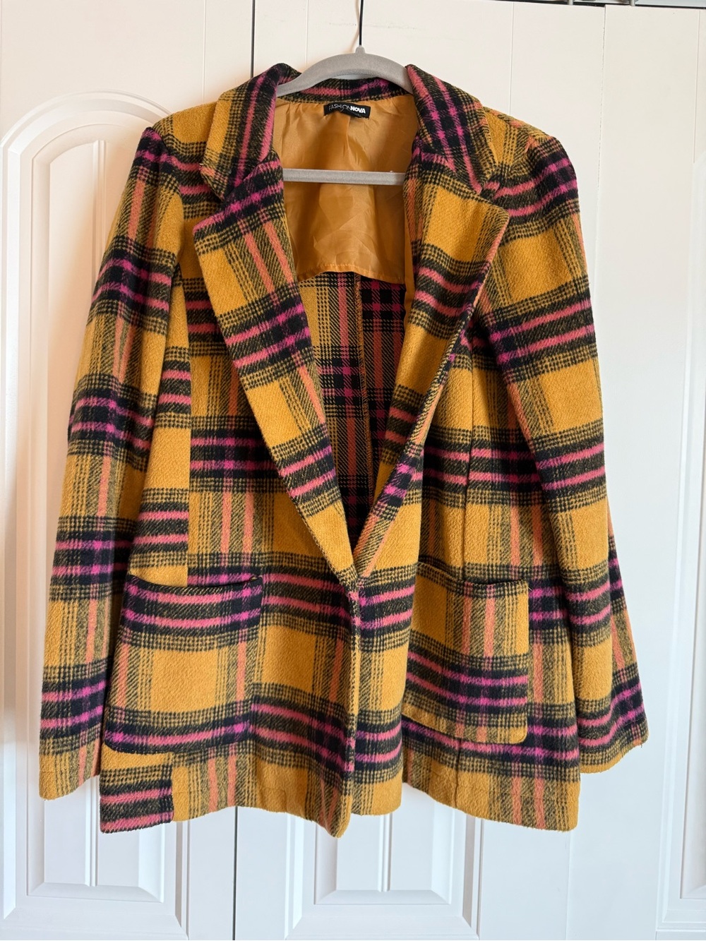 Fashion Nova Mustard Plaid Blazer with Pink & Black Stripes